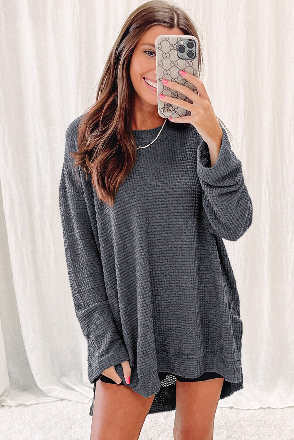 Black Waffle Knit Oversized Top with Side Slits