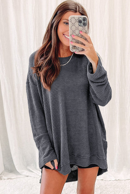 Black Waffle Knit Oversized Top with Side Slits