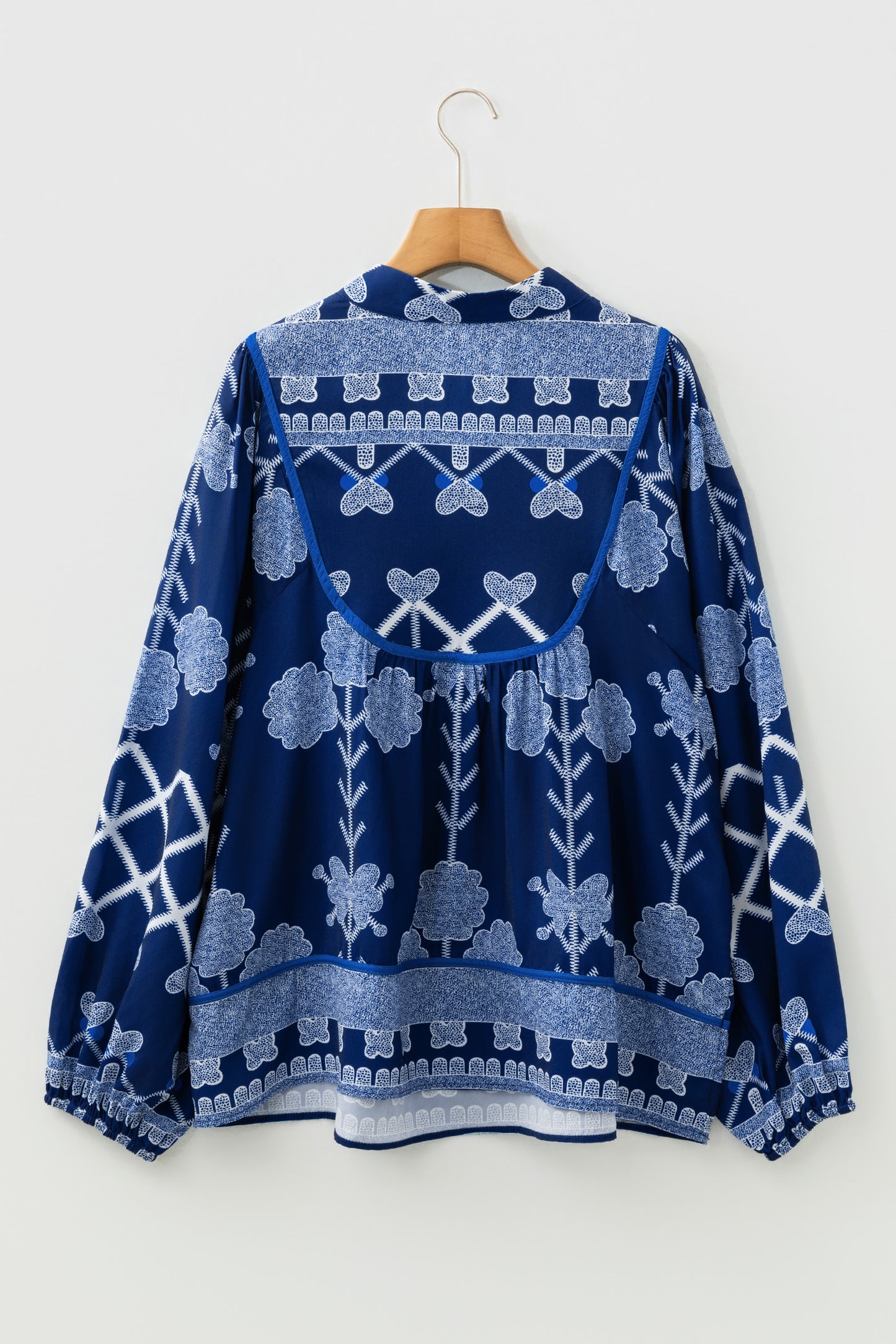 Blue Boho Print Notched V Neck Loose Fit Blouse Top