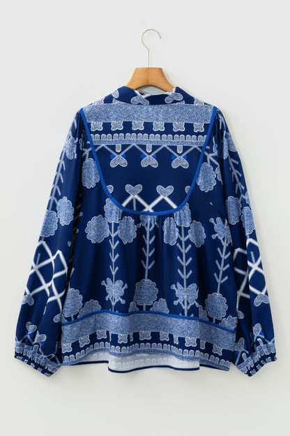 Blue Boho Print Notched V Neck Loose Fit Blouse Top
