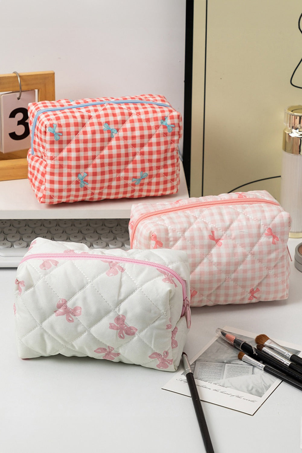 Pink Sweet Bow Knot Print Quilted Zipper Cosmetic Bagx