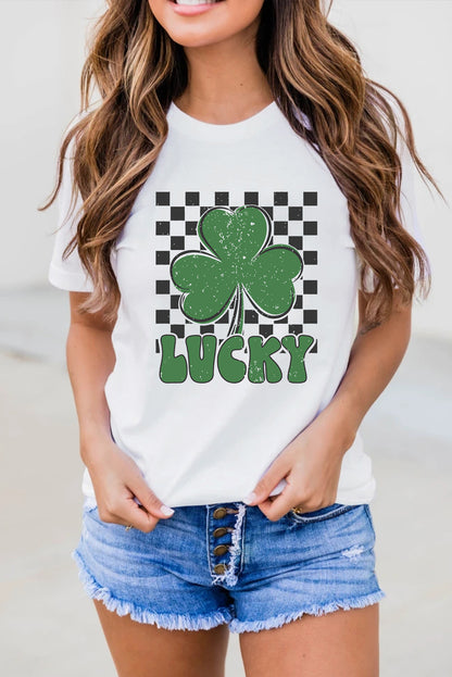 St. Patrick’s White Lucky Clover Checker Graphic Tee