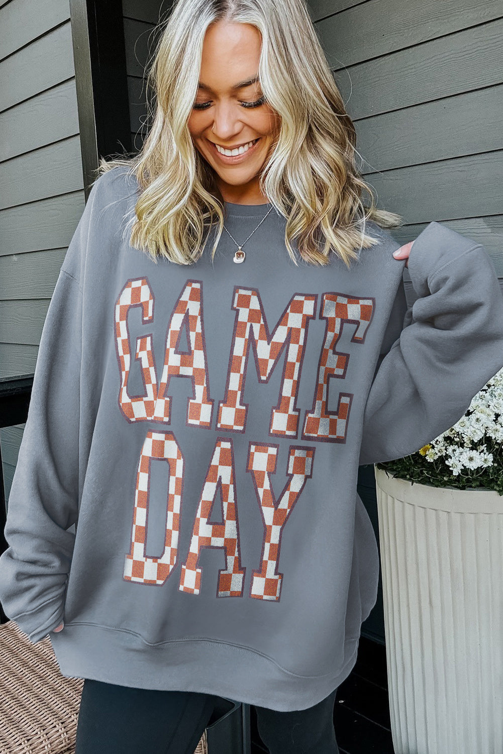 Game Day Checkered Graphic Oversized Crewneck Sweatshirt
