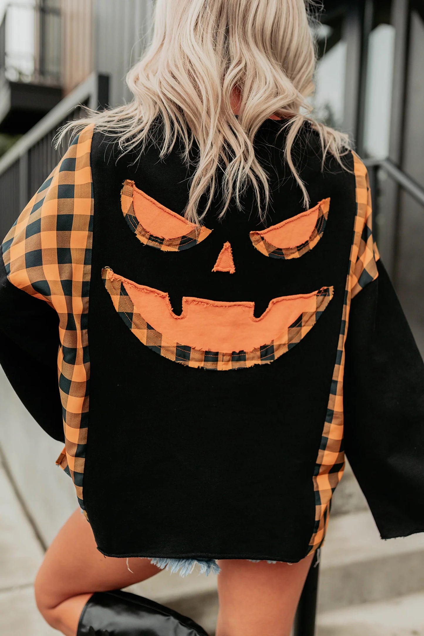 Halloween Pumpkin Face Plaid Patchwork Long Sleeve Top