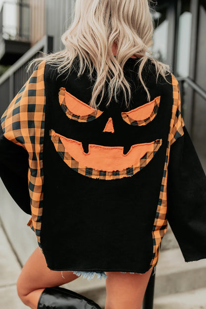 Halloween Pumpkin Face Plaid Patchwork Long Sleeve Top