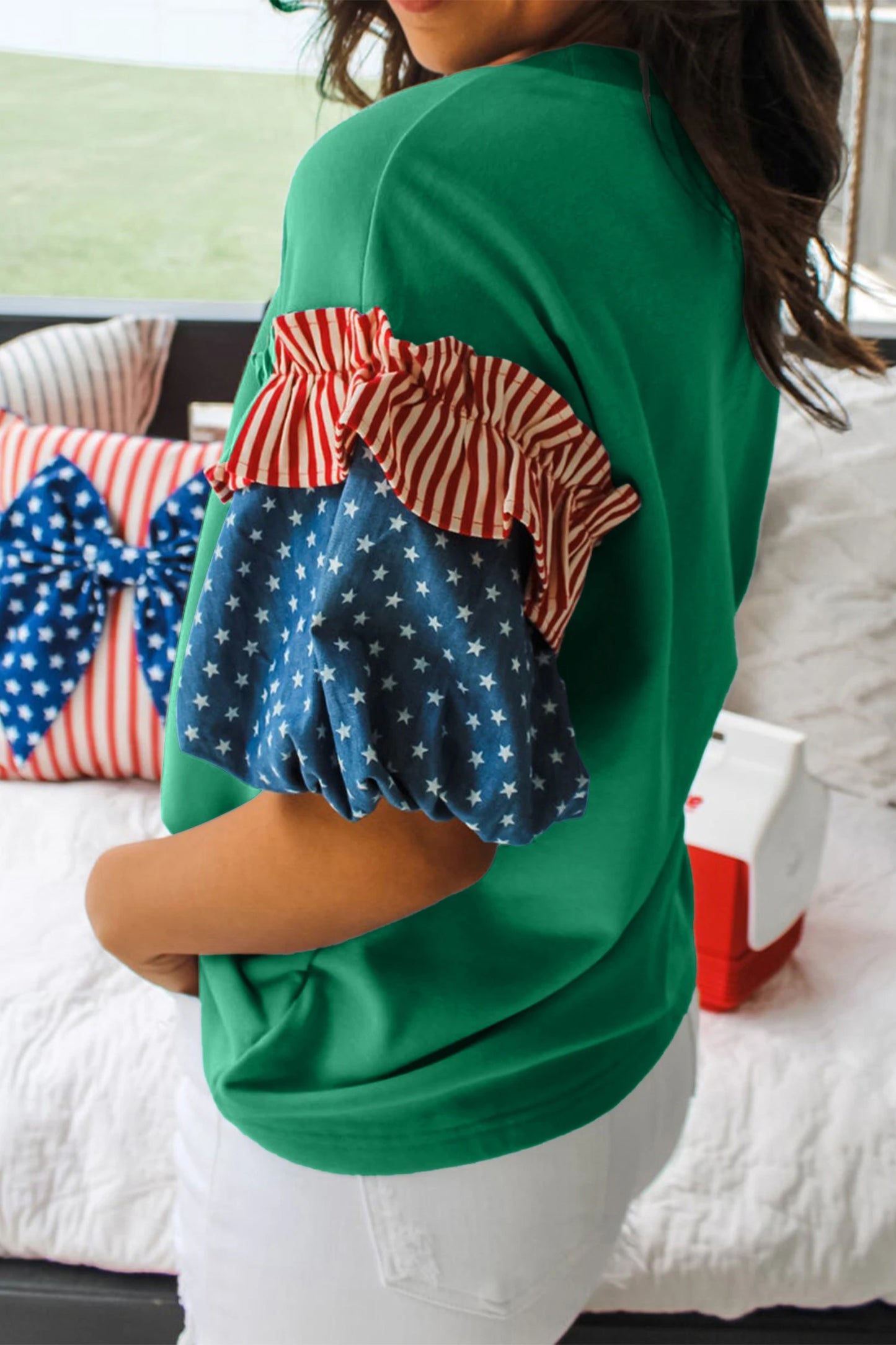 Patriotic Stars and Stripes Puff Sleeve Fourth of July Top