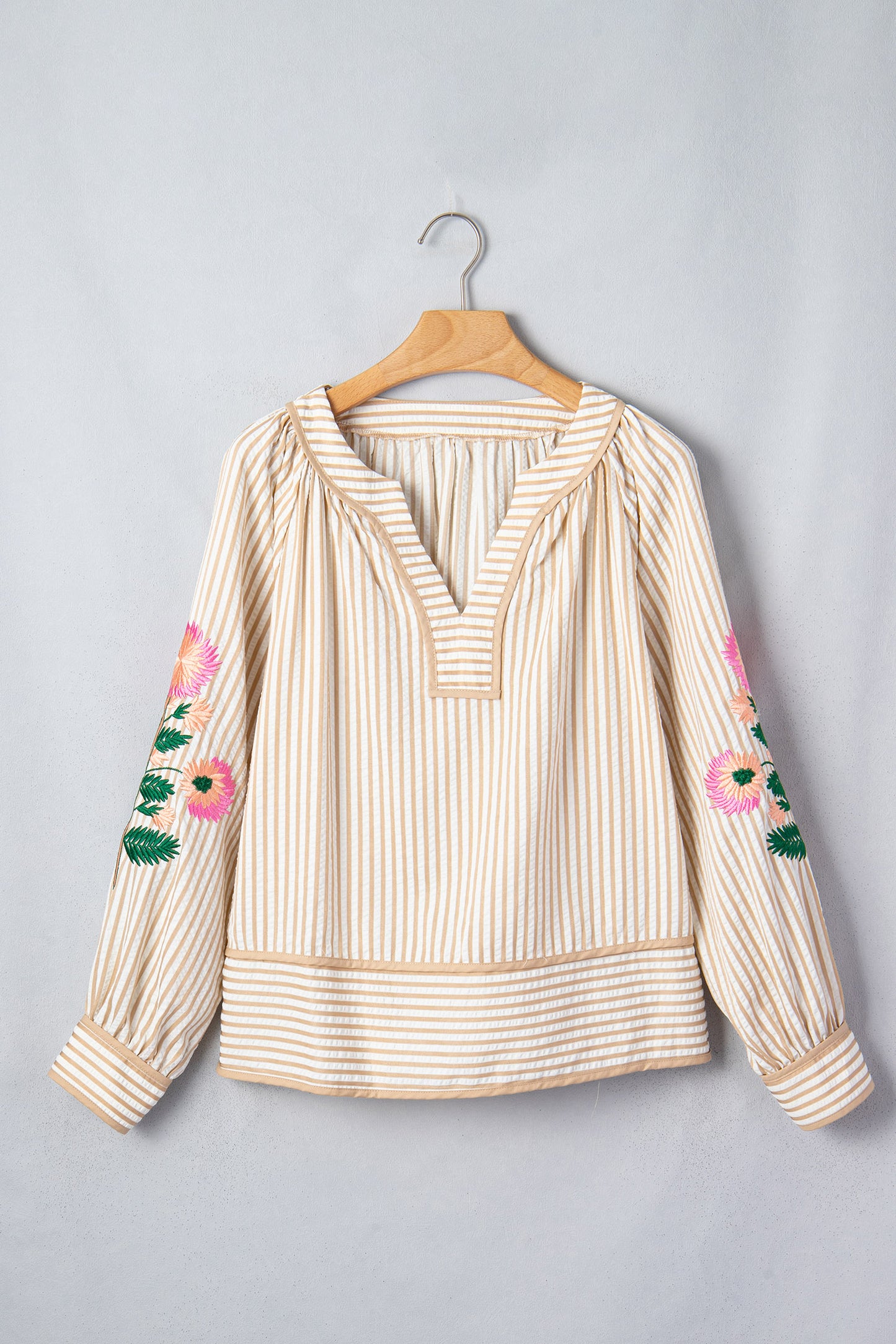 Stripe Floral Embroidered V Neck Blouse Women Long Sleeve