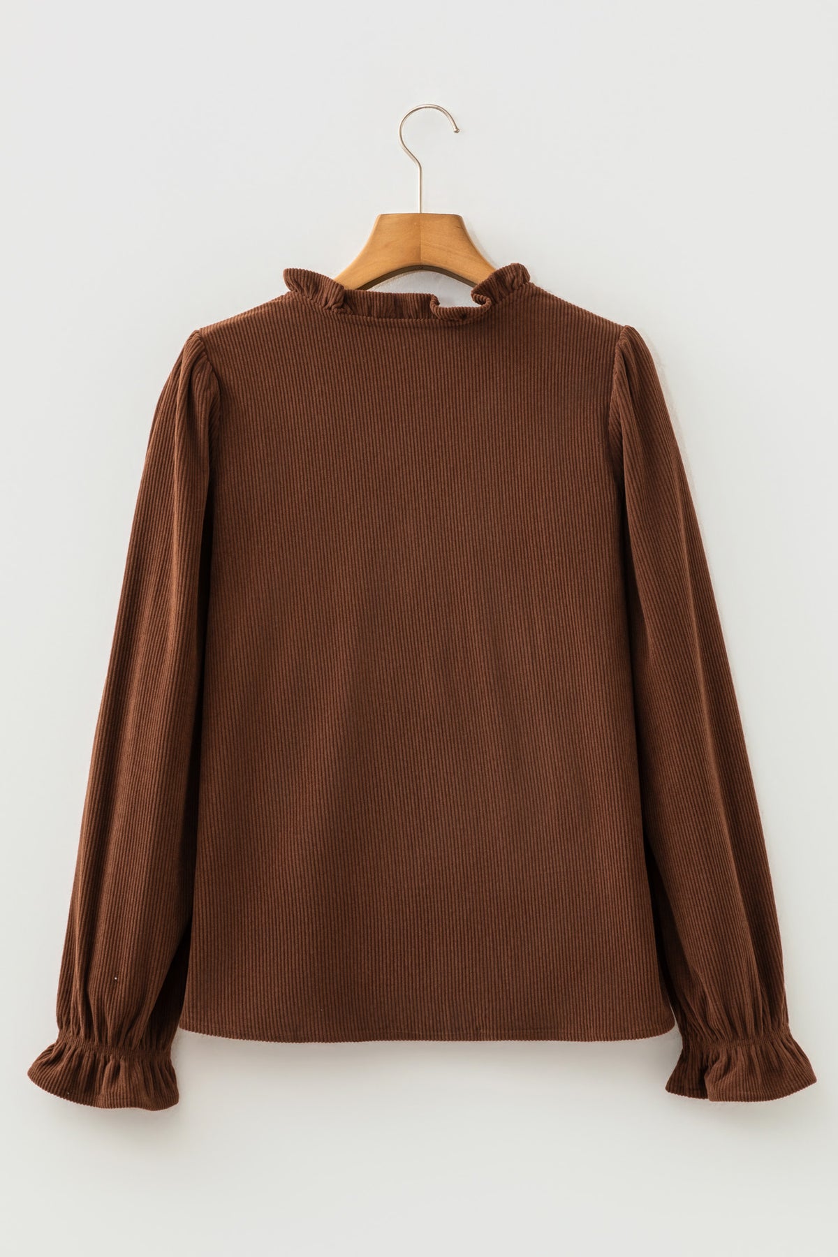 Coffee Corduroy Ruffle V Neck Button Shacket