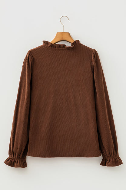 Coffee Corduroy Ruffle V Neck Button Shacket