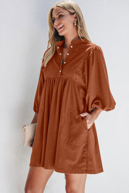 Corduroy Snap Buttons Empire Waist Bracelet Sleeve Dress