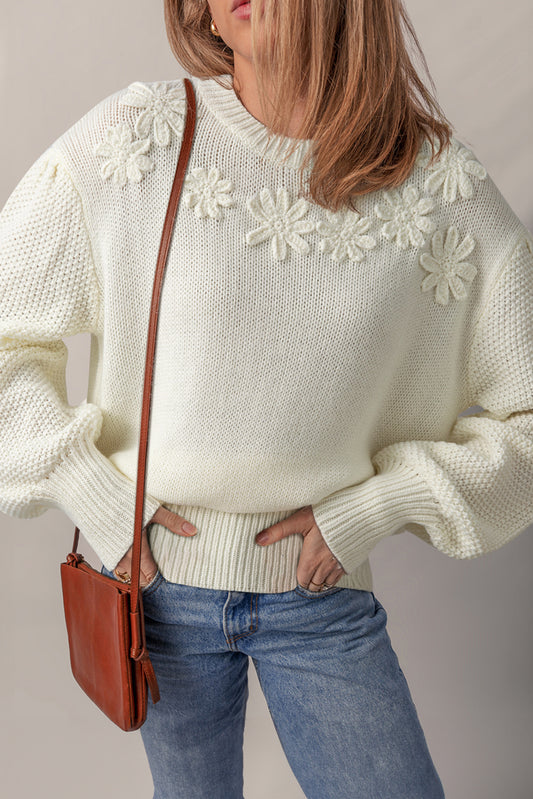 White Flower Applique Puff Sleeve Knit Sweater
