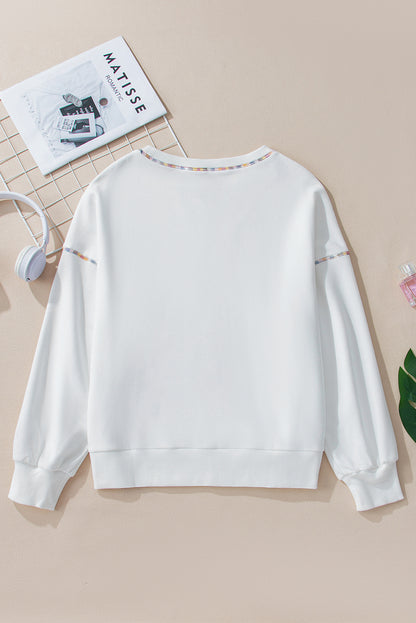 Black Contrast Rainbow Trim Drop Shoulder Pullover Sweatshirt