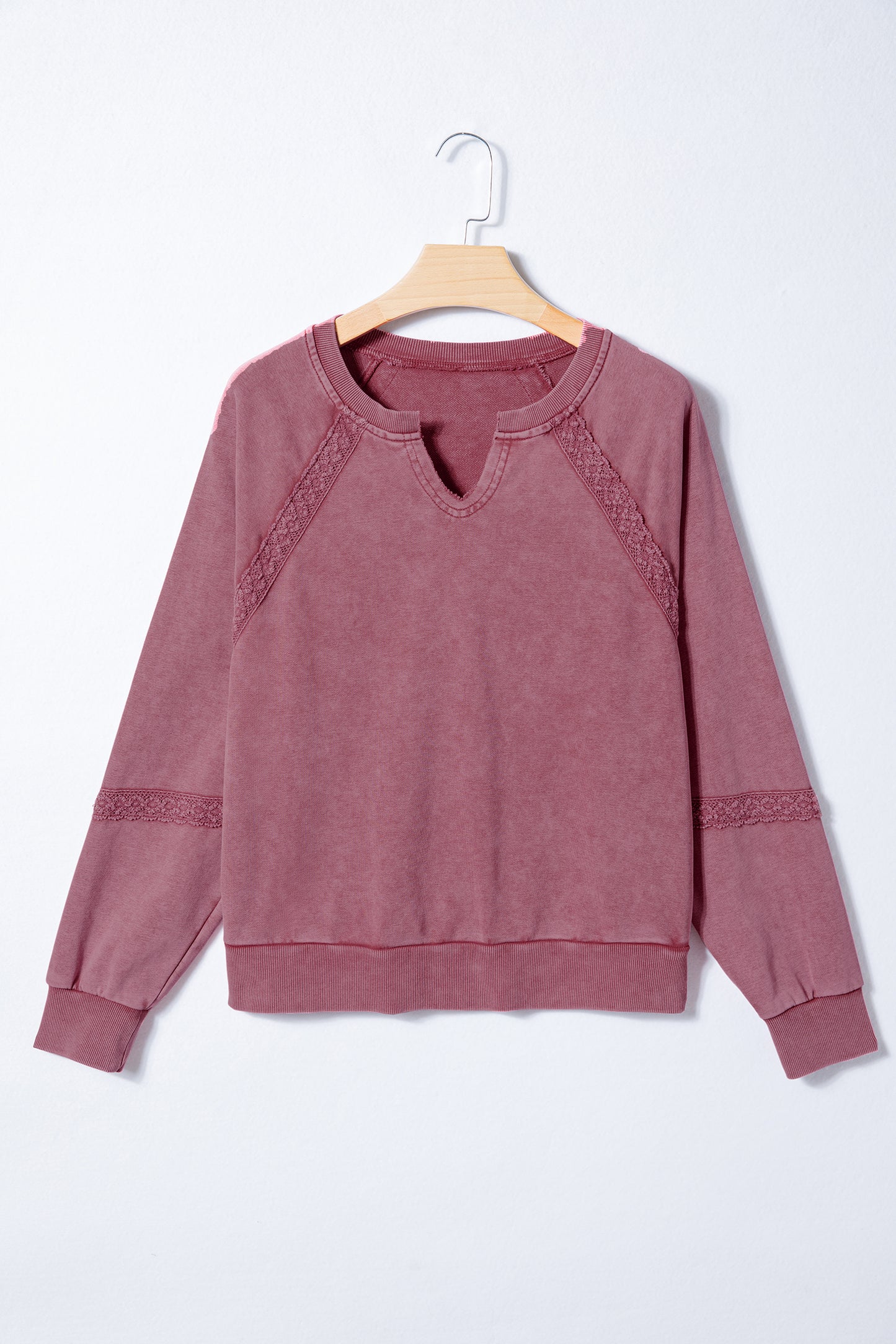 Lace Patchwork Notched Neck Mineral Wash Sweatshirt