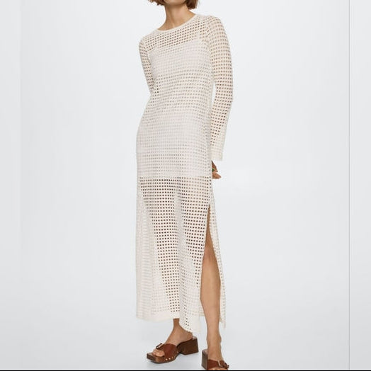 White Crochet Mesh Beach Cover Up Maxi Dress Women Resort