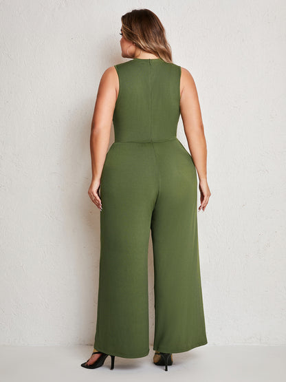 Womens Summer One Piece Sleeveless Wide Leg Pants Rompers With Pockets Plus Size