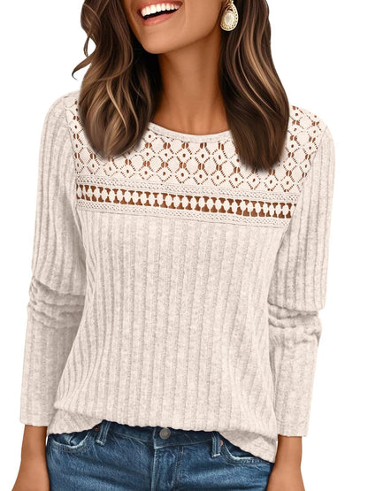 Ribbed Knit Pullover with Lace Panel Long Sleeves