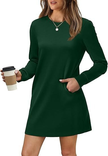 Cozy Long Sleeve Crewneck Sweatshirt Dress with Pockets