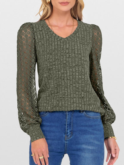 V-Neck Knit Top with Lace Puff Long Sleeves