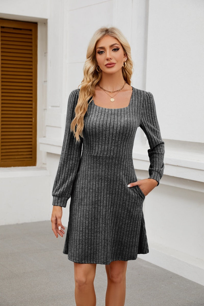 Square Neck Ribbed Knit Dress with Pockets