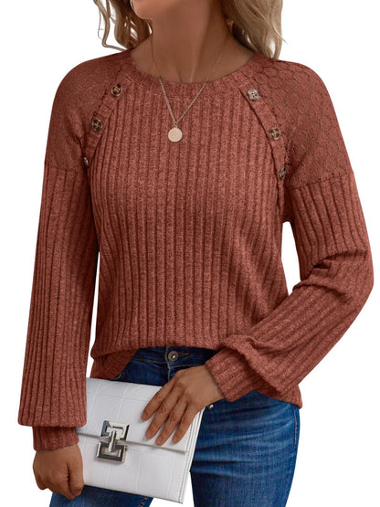 Solid Ribbed Knit Button Pullover with Lace & Buttons