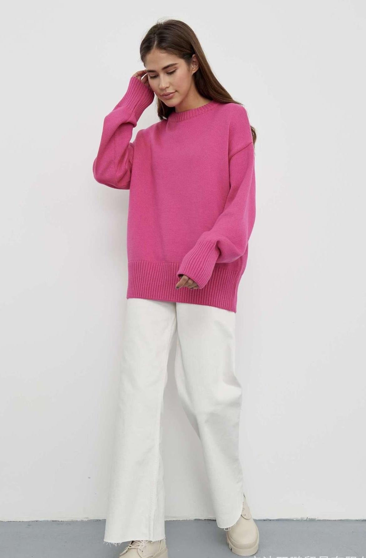 Cozy Solid Crewneck Knit Sweater for Women Fall Winter