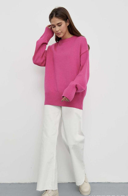 Cozy Solid Crewneck Knit Sweater for Women Fall Winter