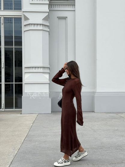 Sheer Knit Maxi Dress Set Long Sleeve Overlay with Slip