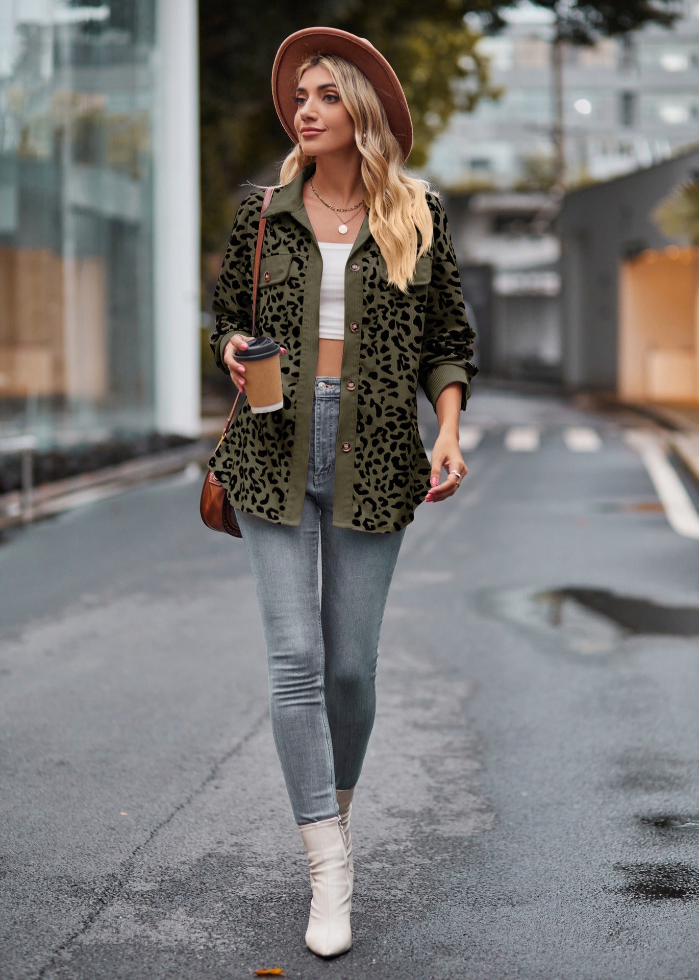 Leopard Print Corduroy Button Down Oversized Shirt Jacket