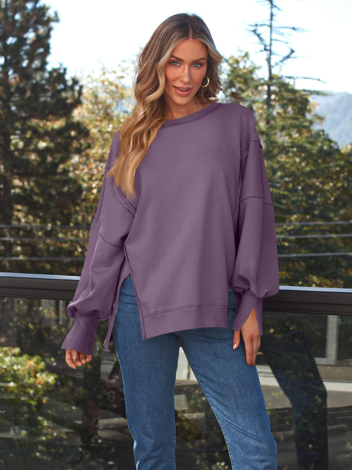 Oversized Drop Shoulder Sweatshirt - Pullover Top