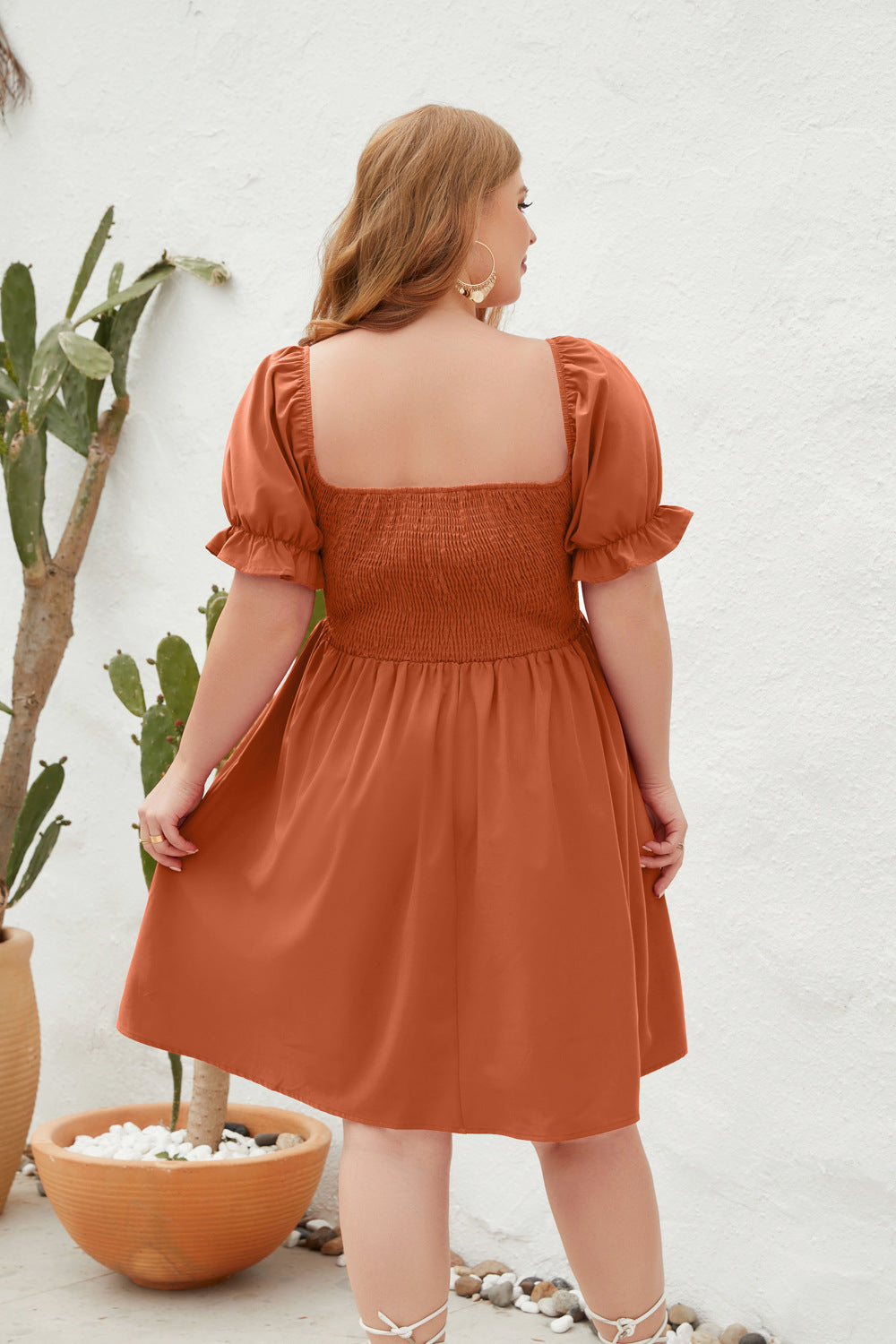 Women's Square Neck Flounce Short Sleeve Shirred Ruffle Hem Dress