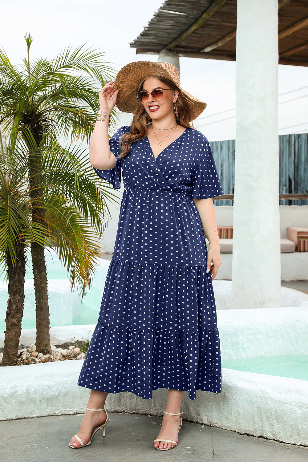 Women's Plus Size Polka Dot Dress Casual V Neck Short Sleeve Dress A-Line Pleated Hem Swing Dress