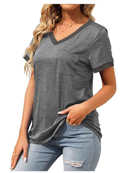 T Shirt Short Sleeve V Neck Loose Casual Top with Pocket Plus Size