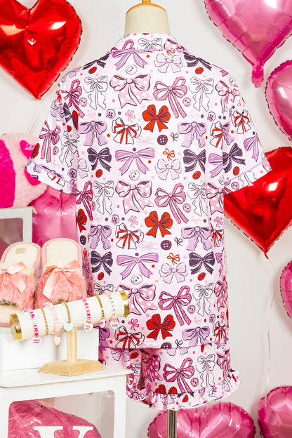 Pink Cute Ribbon Bows Printed Shirt Style 2pcs Pajama Set