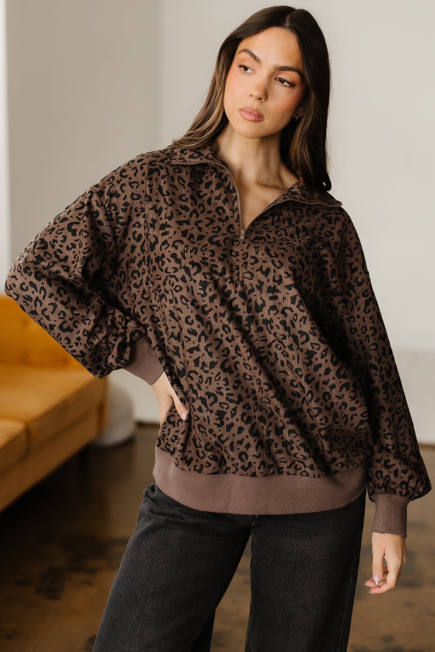 Leopard Print Quarter Zip Corduroy Pullover