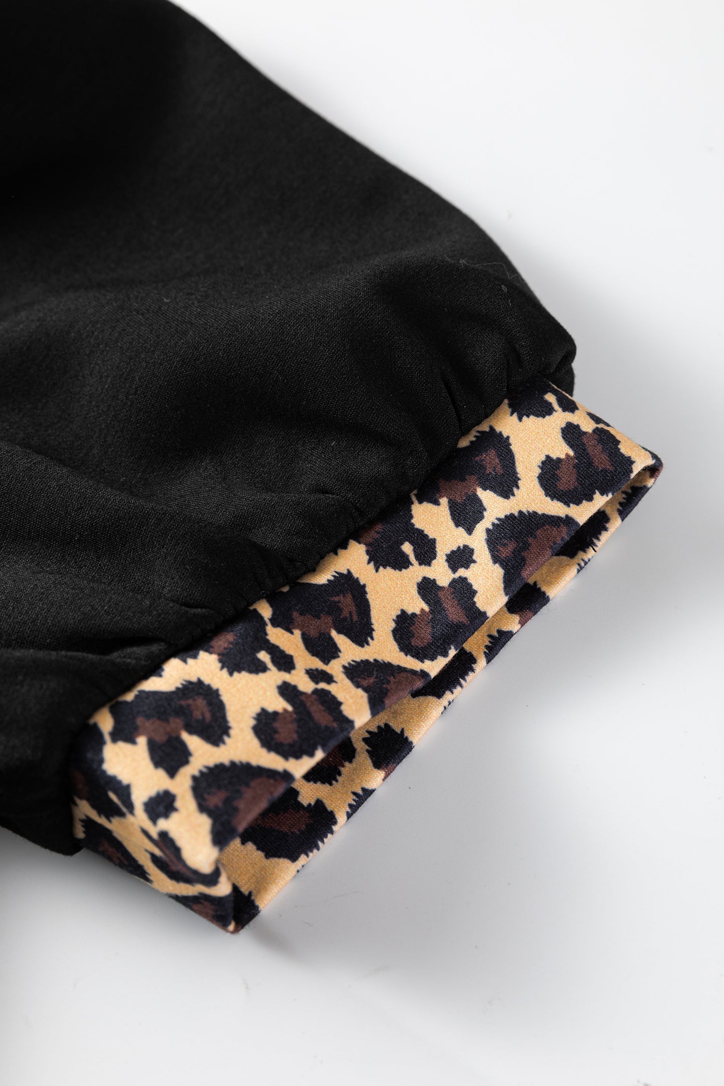 Leopard Trim Zip Neck Mini Dress Women Puff Sleeve