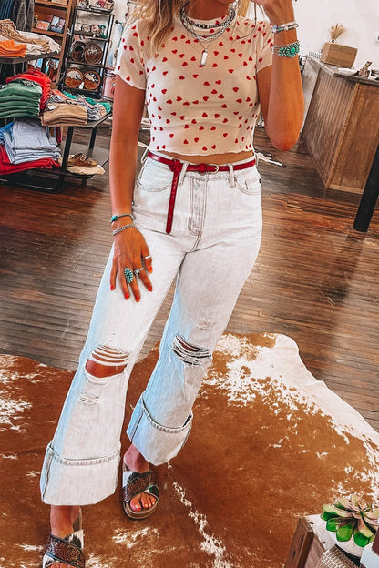 Racing Red Allover Heart Print Mesh Short Sleeve Top