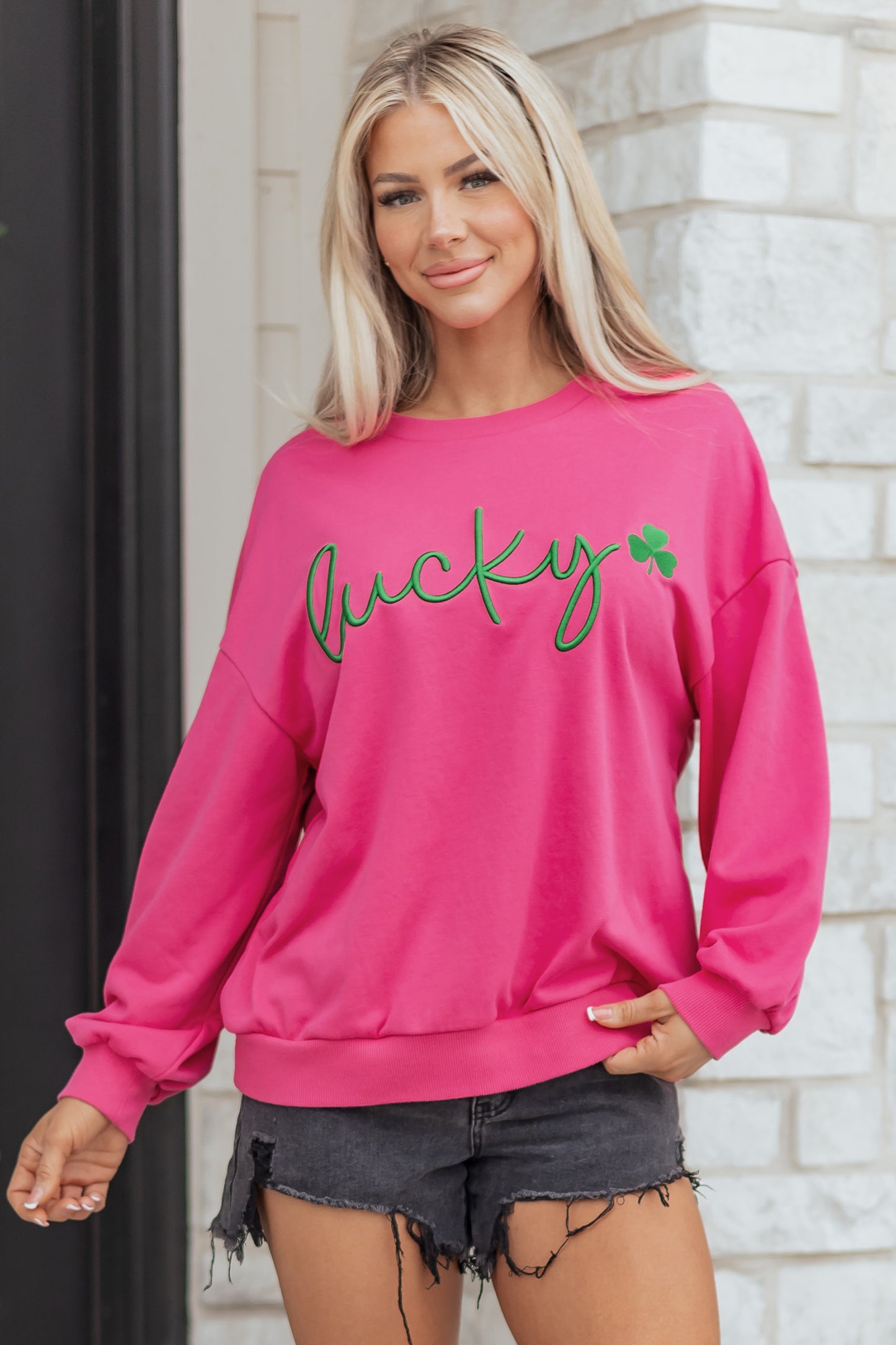 Rose Red St Patrick’s Lucky Clover Embroidered Sweatshirt