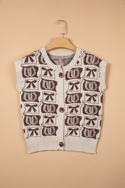 Western Horseshoe Bow Knit Sweater Vest Button Front