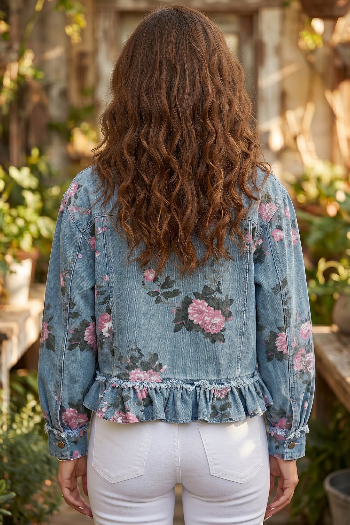 Floral Denim Jacket Ruffle Hem Puff Sleeve Cropped