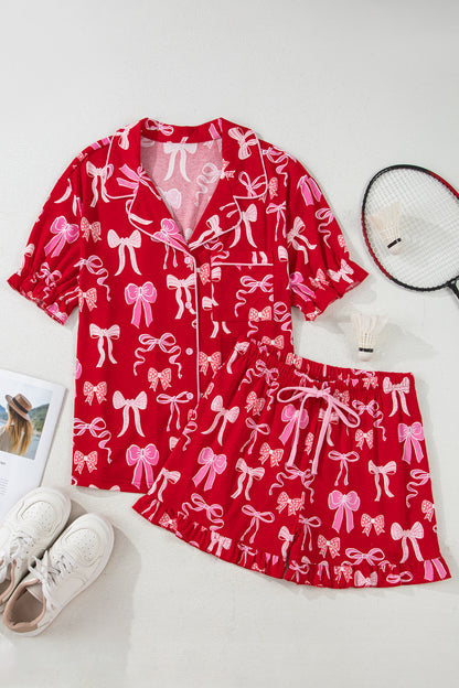 Valentine Red Bow Print Ruffle Pajama Shorts Set for Women