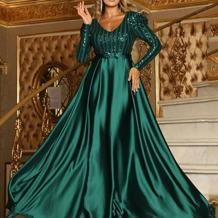 Deep V-Neck Long Sleeve Satin Lace Evening Gown