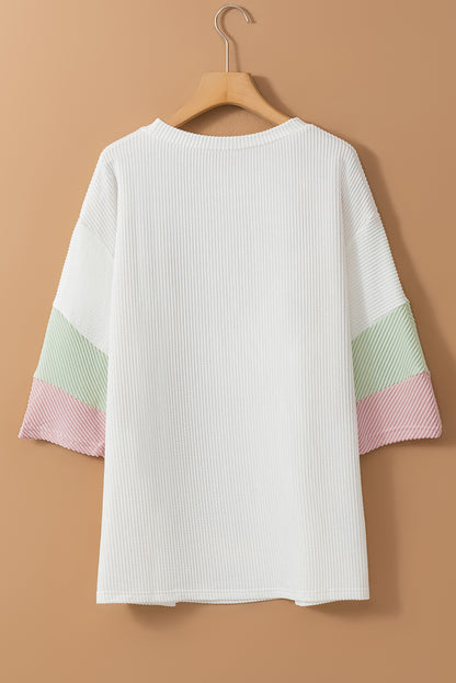 White Textured Colorblock Patchwork Half Sleeve Plus T Shirt