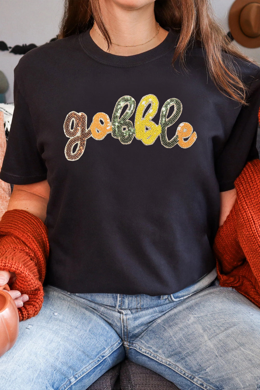 Black Sequin Gobble Graphic Thanksgiving T Shirt