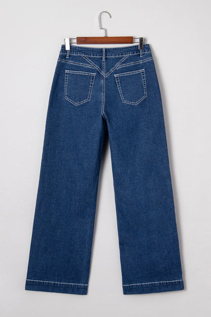 Sail Blue Stitched High Waist Loose Cuffed Jeans