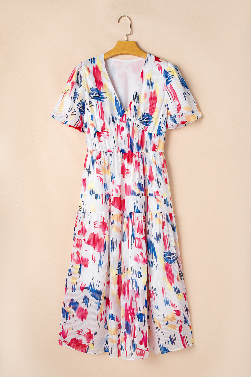 Abstract Print Puff Sleeve V Neck Tiered Maxi Dress