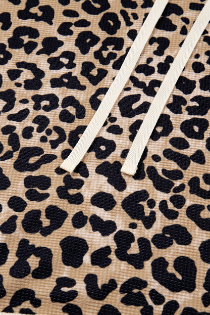 Leopard Print Waffle Knit Contrast Hoodie with Kangaroo Pocket