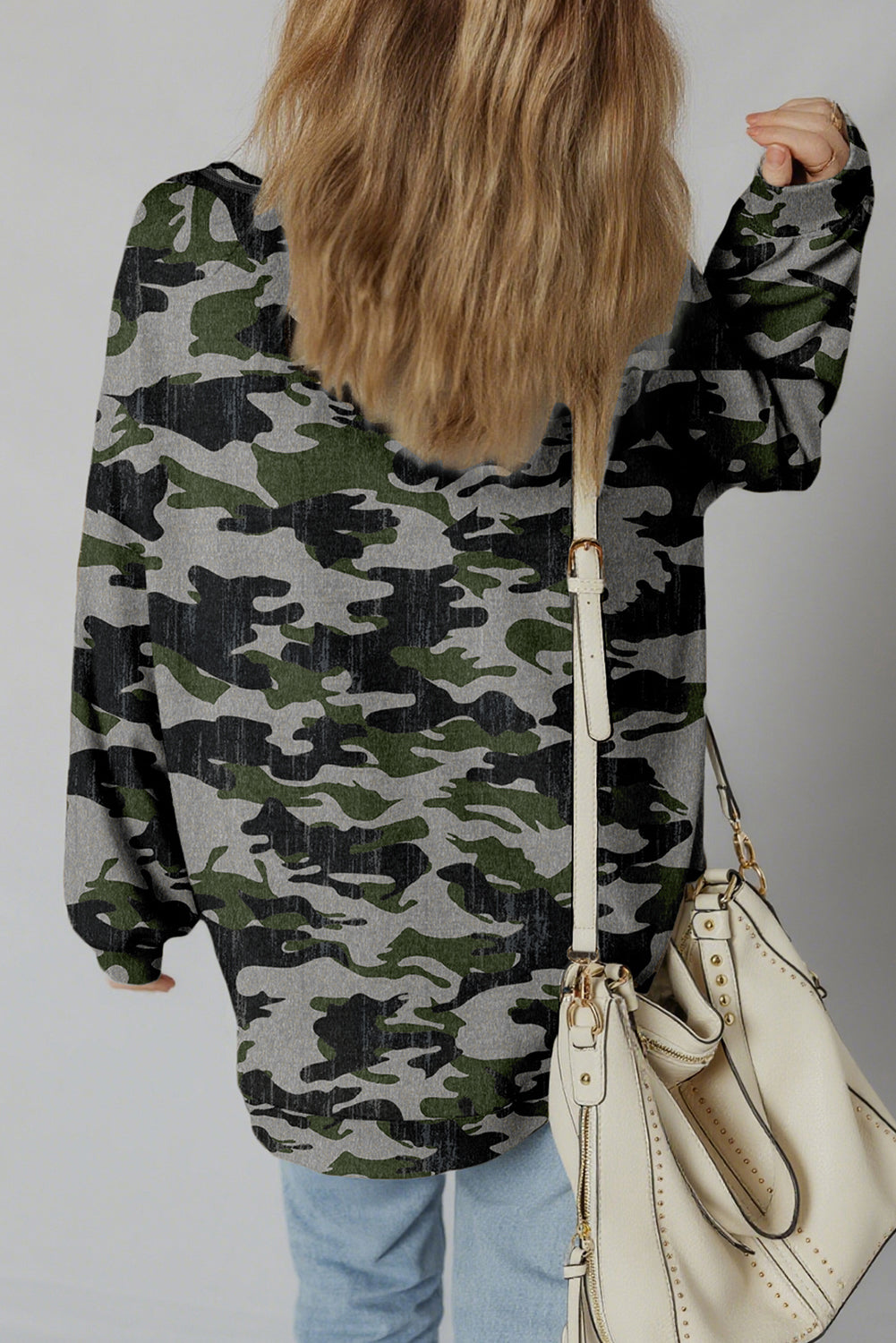 Retro Camo Drop Shoulder Oversized Sweatshirt for Women