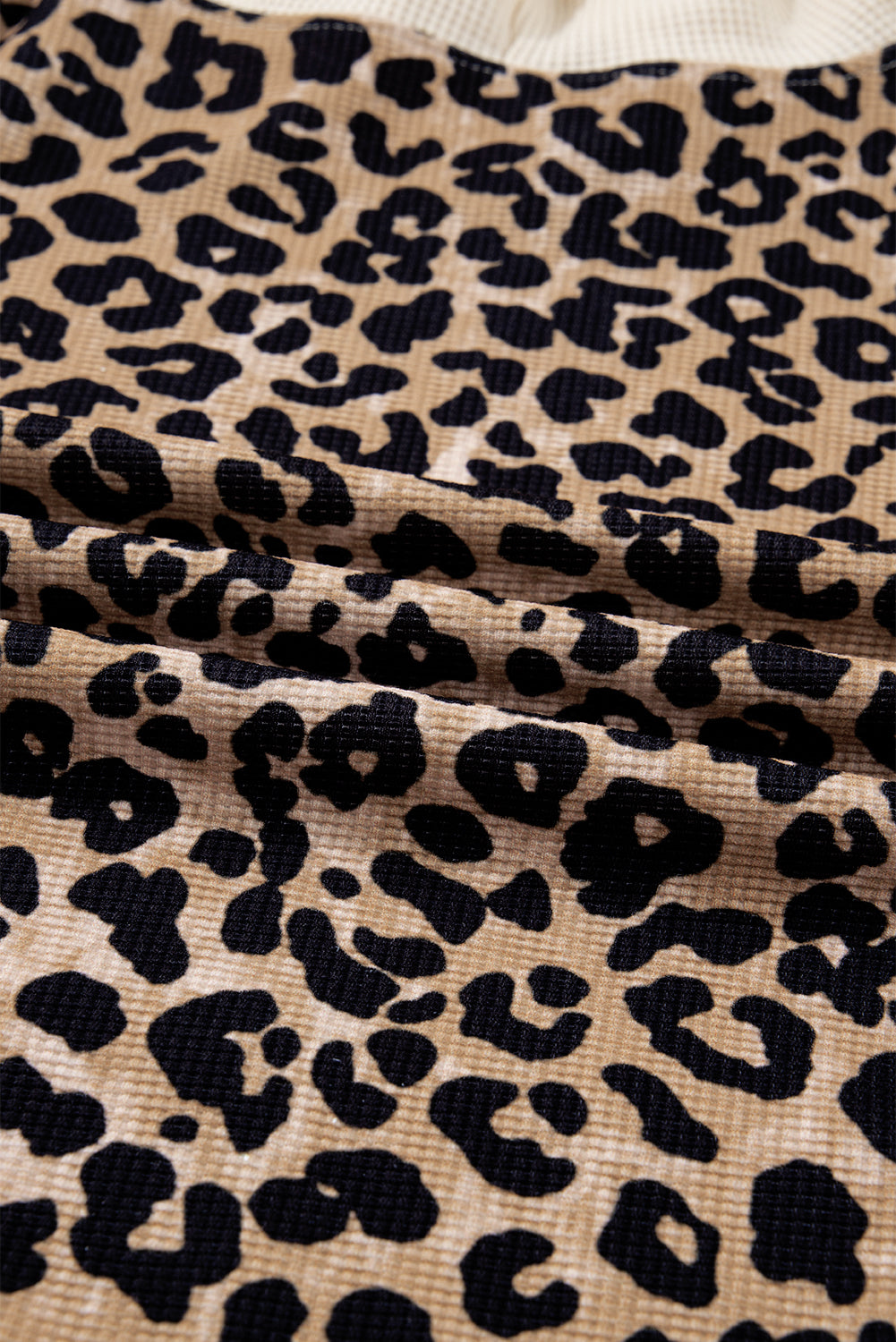 Leopard Print Waffle Knit Contrast Hoodie with Kangaroo Pocket