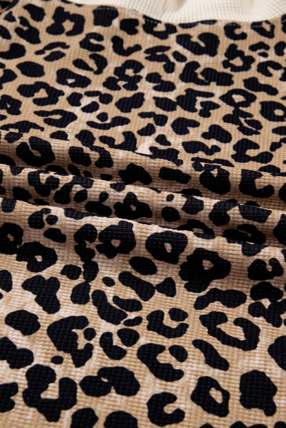Leopard Print Waffle Knit Contrast Hoodie with Kangaroo Pocket