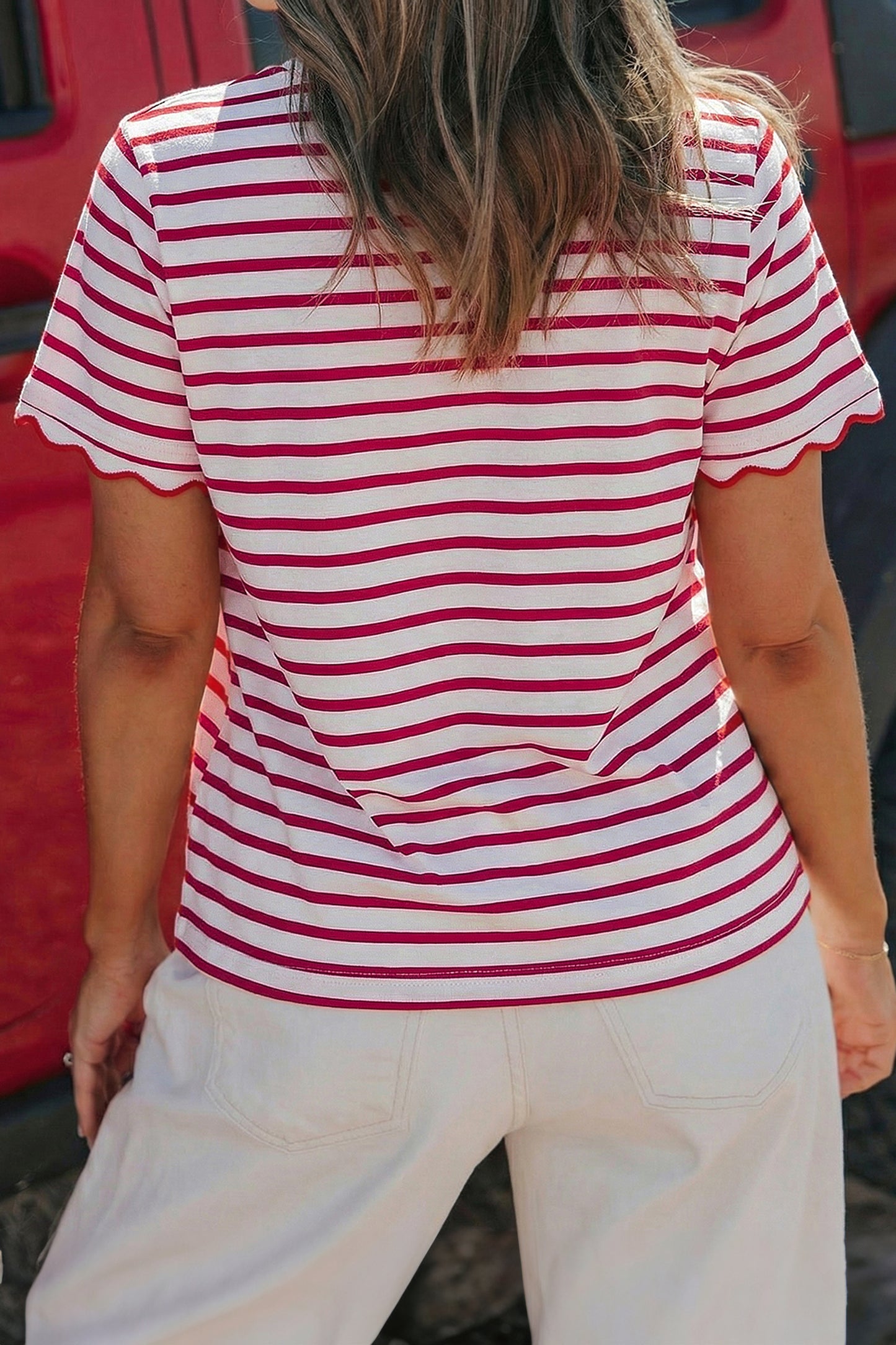 Red Stripe Scalloped Trim Short Sleeve Round Neck Tee